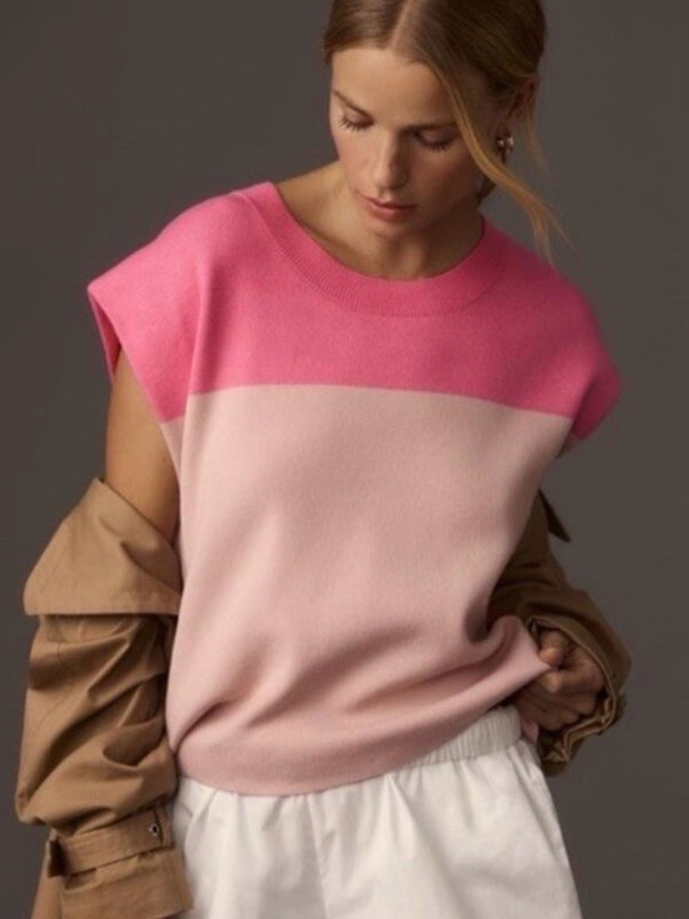 Maeve Two-Tone Pink Cap-Sleeve Knit Top